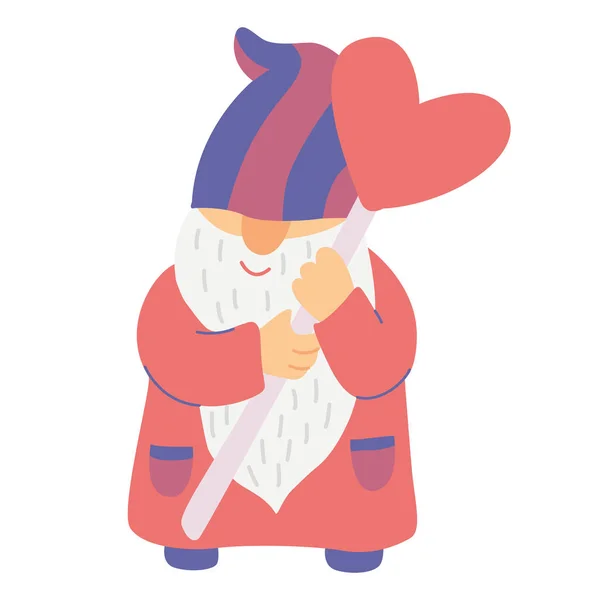 Gnome Avec Sucette Forme Coeur Drôle Personnage Illustration Vectorielle Plane — Image vectorielle