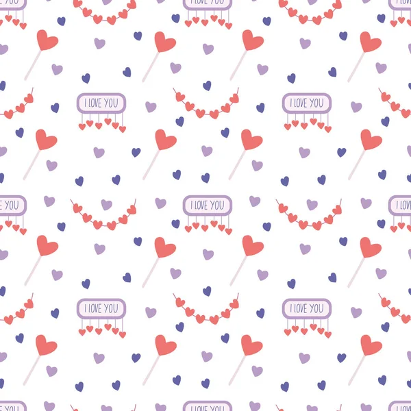 Vector Seamless Pattern Garlands Hearts Lollipops Love You Signs White — ストックベクタ