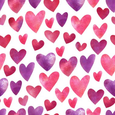 Watercolor seamless pattern with hearts on white background. Great for fabrics, wrapping papers, wallpapers, covers. Hand painted illustration. Purple and pink colors.