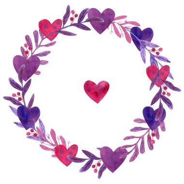 Floral  wreath  or round frame decorated with hearts. Hand painted watercolor illustration isolated on white. Great for wedding, Valentine's day cards. Lilac, purple and red colors.