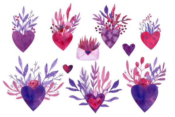 Set Beautiful Hearts Decorated Flowers Leaves Berries Hand Painted Watercolor — Foto Stock