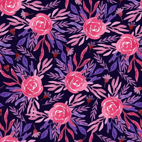 Koyu Arkaplanda Yapraklar Güllerle Suluboya Desenli Güzel Tekstil Baskısı Kumaşlar — Stok fotoğraf