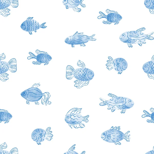 Belo Padrão Sem Costura Com Peixe Azul Ilustração Aquarela Pintada — Fotografia de Stock