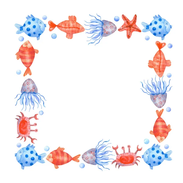 水彩画手绘正方形框架 上面有五彩斑斓的鱼 水母和白色的气泡 海洋生物图解 蓝色和珊瑚色 — 图库照片