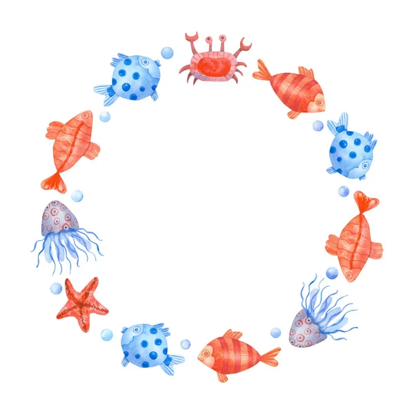 水彩画手绘圆形框架与五彩斑斓的鱼 水母和泡沫隔离在白色 海洋生物图解 蓝色和珊瑚色 — 图库照片
