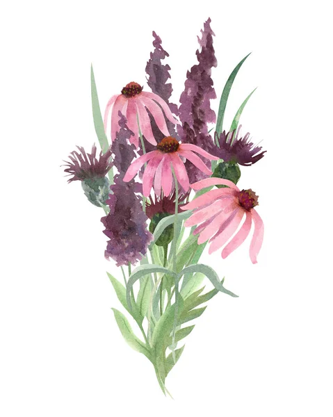 Buquê Flores Silvestres Ilustração Pintada Mão Aquarela Isolada Sobre Fundo — Fotografia de Stock
