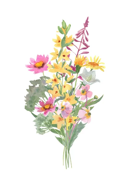 Bouquet Fiori Selvatici Illustrazione Dipinta Mano Acquerello Isolata Sfondo Bianco — Foto Stock
