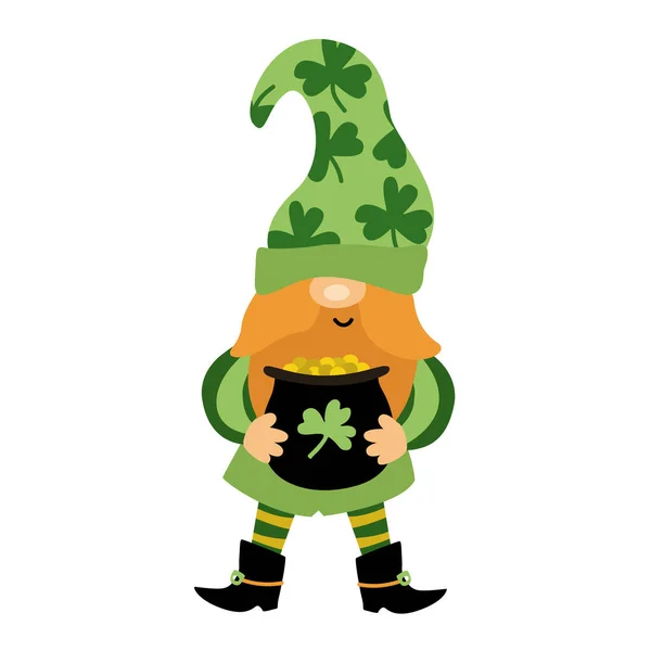 Patrick Day Funny Gnome Pot Gold Coins Cartoon Vector Illustration — Stock Vector