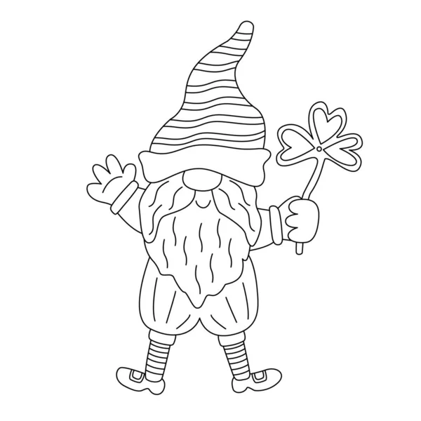 圣帕特里克节与三叶草有趣的侏儒 在白色上孤立的矢量涂鸦图解 手绘黑色轮廓 很适合贺卡 彩色书 男性角色 — 图库矢量图片