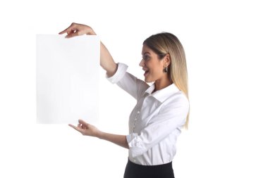 young woman with blank white banner isolated on a background 