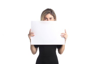 young woman with blank white board isolated on a background 