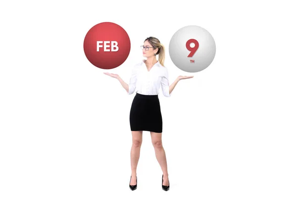 Calendar Background Businesswoman Holding Spheres Date Feb —  Fotos de Stock