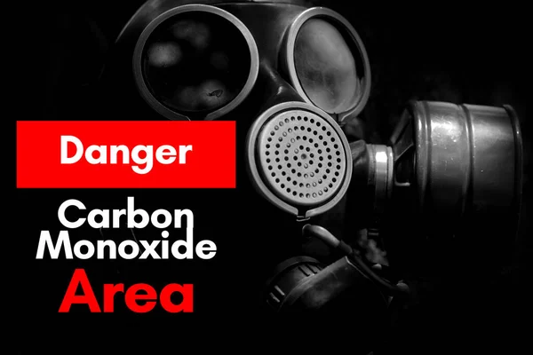 danger. carbon, monoxide area industrial warning. gas mask on black background, Pollution and radioactive protection