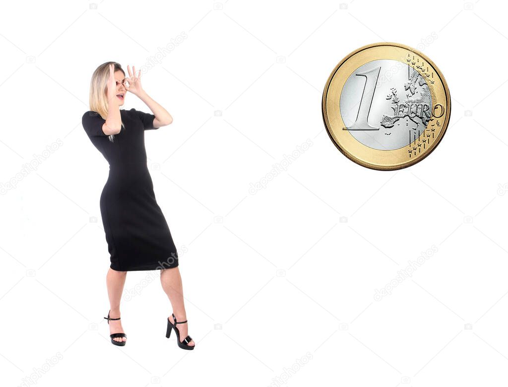 caucasian businesswoman in studio with euro money coin