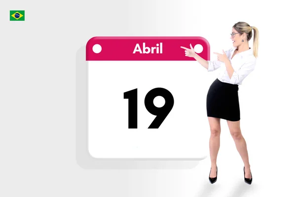 Abril Mês Calendário Mulher Negócios Caucasiana Saia Apontando Dia — Fotografia de Stock