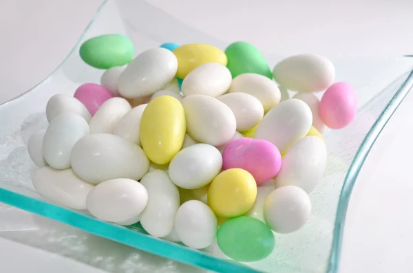 Colorful sugar-coated almond egg-shaped candy — Stock Photo, Image