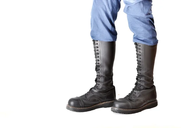 Pair of knee-high 20 eyelet black steel-toe boots — Stock Photo, Image