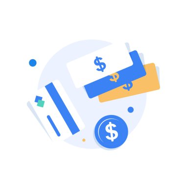 Para için. Bozuk para ve banknotlar. Nakit para, düz tasarım vektör illüstrasyonu