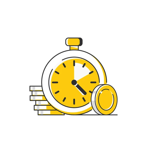 時間はお金の概念 時計とコイン 長期的な金融投資 フラットデザインアイコンのベクトル図です — ストックベクタ