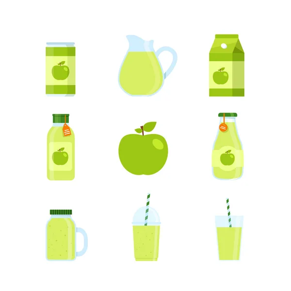Grön Äppeldryck Burk Plastmugg Och Glas Cup Isolerad Vit Bakgrund — Stock vektor
