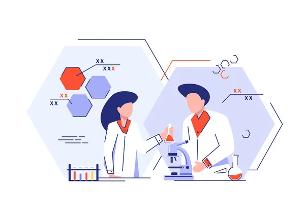 Dwóch Młodych Naukowców Prowadzących Badania Laboratorium Białym Tle Ilustracja Wektora — Wektor stockowy