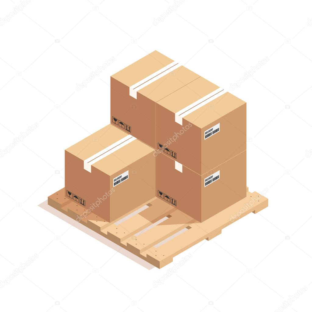 Brown closed carton delivery packaging box with fragile signs on wooden pallet isolated on white background vector
