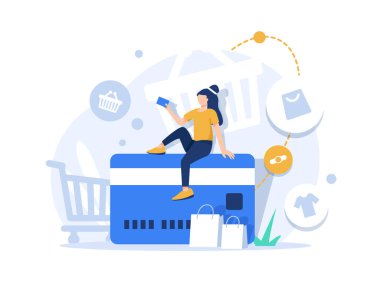 Bankamatik ya da kredi kartı ödeyen ya da online alışveriş yapan kadın, düz tasarım vektör illüstrasyonu