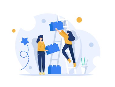 İş konsepti, Takım metaforu, bulmaca elementlerini birleştiren insanlar, düz tasarım ikon vektör çizimi