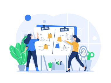 Kadın büyük bir yapılacaklar listesiyle duruyor. Plan tamamlandı, görev tamamlandı konsept, düz tasarım vektör çizimi