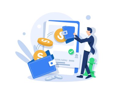Çevrimiçi ödeme yapan ve ikramiye alan karakterler ya da kredi kartıyla ödül alanlar. Nakit para, finansal tasarruf ve para iadesi kavramı