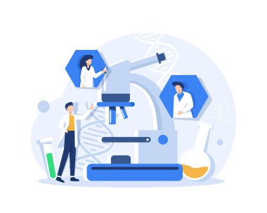 Chemical laboratory research. Vaccine discovery concept. Scientists with flasks, microscope and computer working on antiviral treatment development