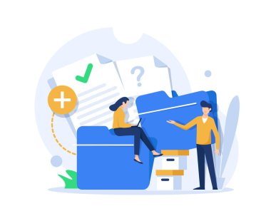 Ofis çalışanı elinde evrakları saklamak için kocaman bir dosya tutuyor. Modern dosya yönetim sistemi kavramı, çevrimiçi belge depolama servisi