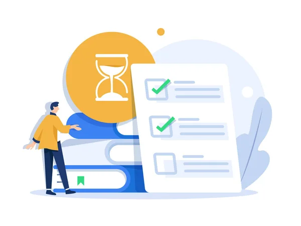 Exam Preparation School Test Examination Concept Checklist Hourglass Choosing Answer — ストックベクタ