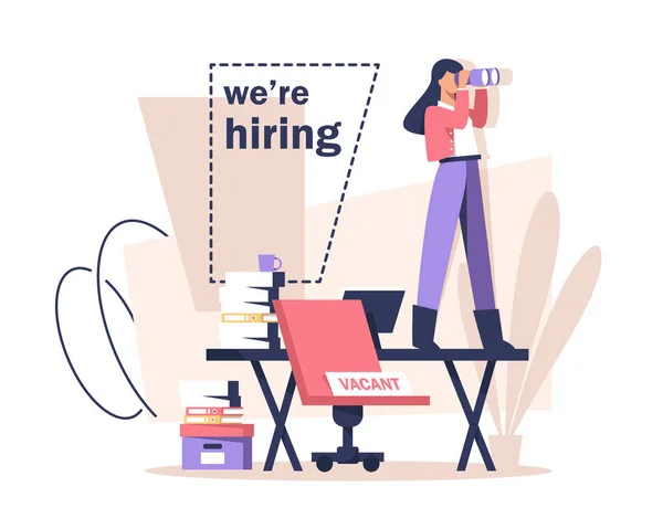 Hiring Recruitment Concept Hiring Banner Beutiful Business Woman Standing Office —  Vetores de Stock