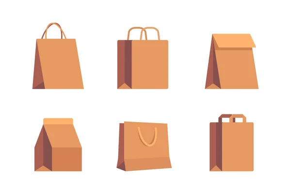 Set Empty Kraft Brown Blank Cardboard Paper Bags Store Purchases — Stock Vector