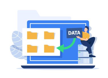 Cloud computing concept in flat style. IT specialists administrate cloud storage scene. Hosting platform, big data processing web banner