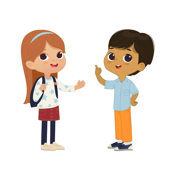 Cartoon vektor ilustrace usmívající se roztomilý chlapec a dívka ukazuje na bublinu s místem pro text. Mládež ve školce, chlapec a dívka. Školní děti ilustrace izolované na bílém pozadí.. — Stockový vektor