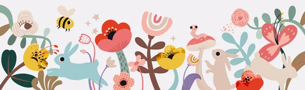 Banner horizontal de primavera floral de hadas. Abeja, flores, plantas, conejos lindos y conejos en colores pastel. Moderno cartel minimalista, tarjeta de felicitación, encabezado para el sitio web — Vector de stock