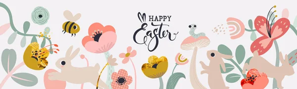 Paskalya bayrağınız kutlu olsun. Tipografili Paskalya tasarımı, çiçek vuruşları, noktalar, yumurtalar ve pastel renkli tavşancık. Modern minimal stil. Yatay poster, tebrik kartı, başlık — Stok Vektör