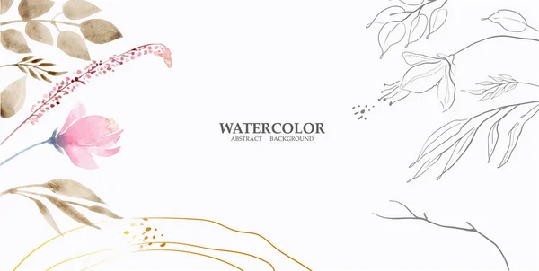 Abstrato aquarela arte fundo em rosa, grafite e ouro cores pastel. Papel de parede botânico estilo mínimo com flores e folhas, Watercolor formas orgânicas. Fundo para banner, cartaz. — Vetor de Stock