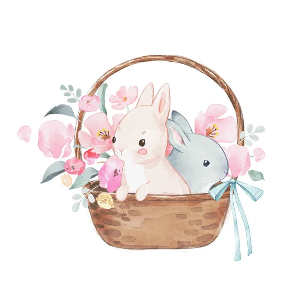 Watercolor Illustration Two Rabbits White Grey Basket Full Pink Rose — Stockfoto