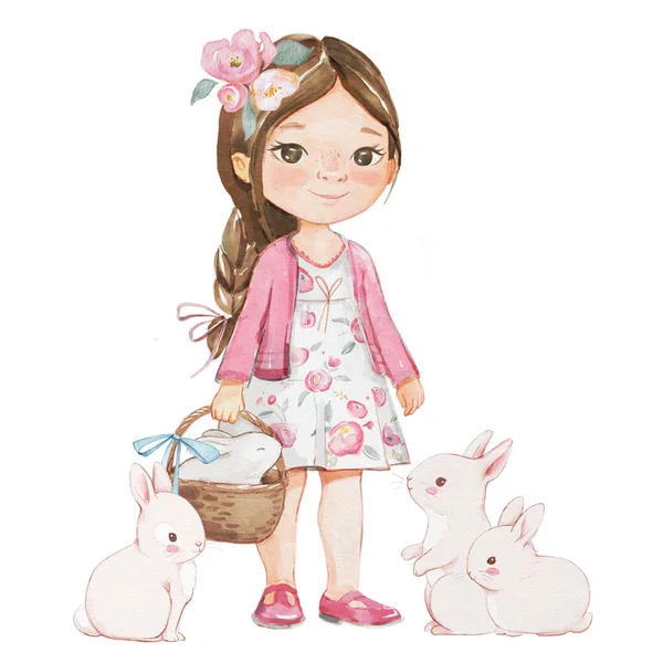 Watercolour Illustration Little Brown Hair Girl Little White Rabbits Sit — Stok fotoğraf