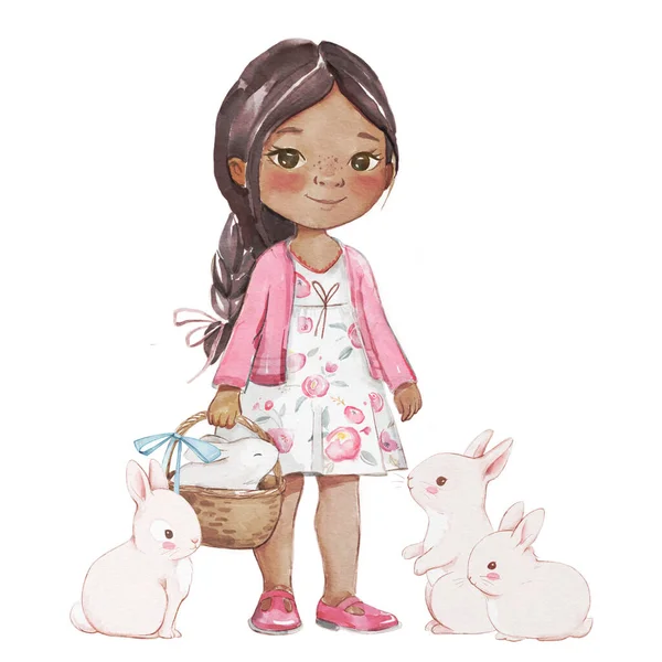 Watercolour Illustration Little Dark Skin Girl Little White Rabbits Sit — Stok fotoğraf