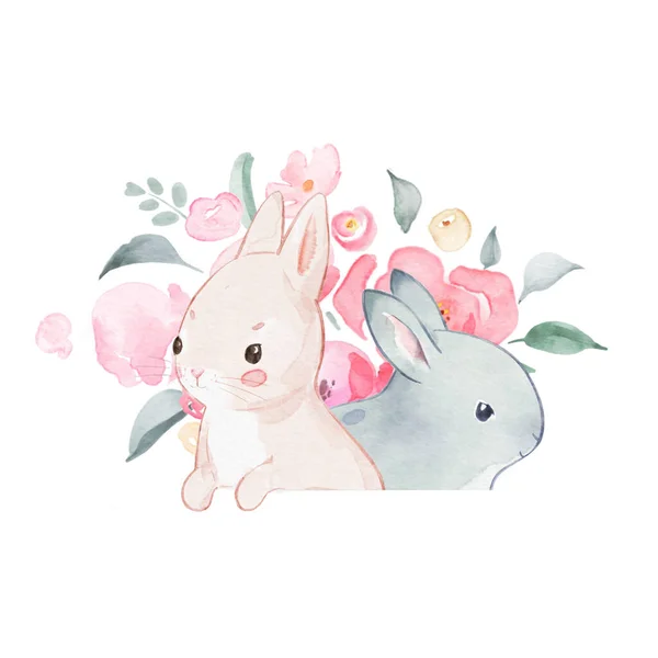 Watercolor Background Two Little Rabbits White Grey Pink Rose Flowers — Fotografia de Stock