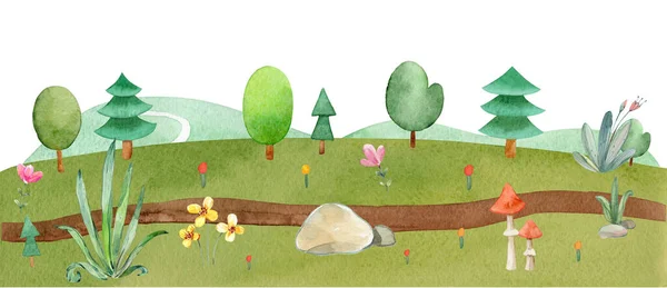 Childish watercolor meadow illustration. Nature summer scenery meadow with ground trail, trees, forest, green grass and flowers, stones and mushrooms . Woodland valley environment