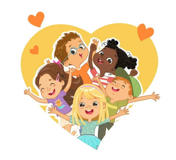 Group Multicultural Children Tear Space Shape Heart Children Look Hole — Stock Vector