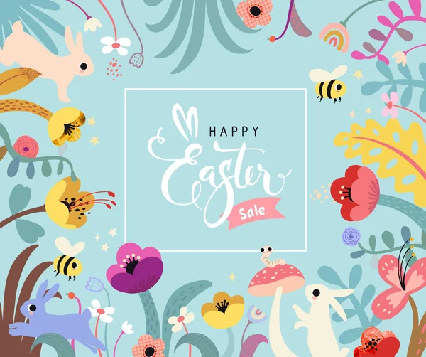 Happy Easter Sale Banner Easter Design Typography Flowers Strokes Dots — Stock Vector