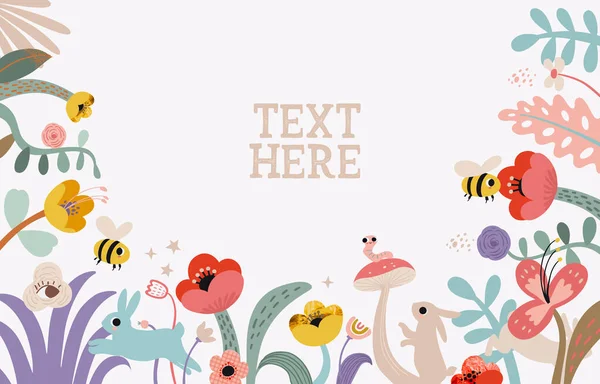 Floral Spring Horizontal Banner Space Your Text Bee Flowers Plants — Vetor de Stock
