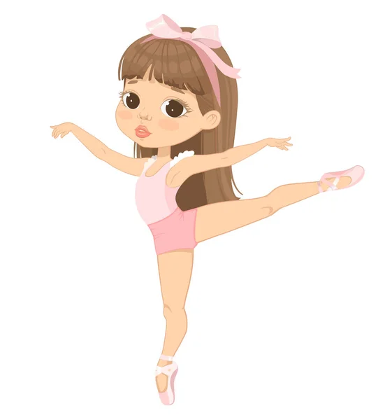 Милая Белая Балерина Танцует Девочка Коричневыми Волосами Розовой Тренировочной Одежде — стоковый вектор