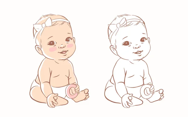 可爱的小女孩穿着尿布坐着 12个月大的活胎 第一年婴儿发育 新生儿坐着笑着 祝白种人婴儿健康 彩色矢量图集 — 图库矢量图片